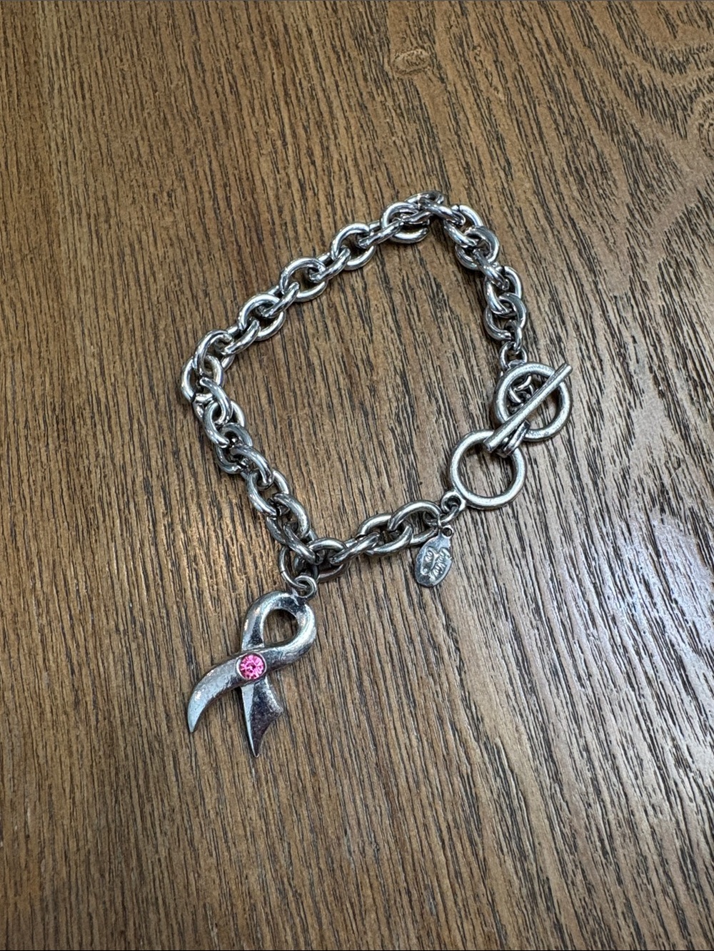 Breast cancer Silver-Tone Ribbon Charm Toggle Bracelet with Pink Stone